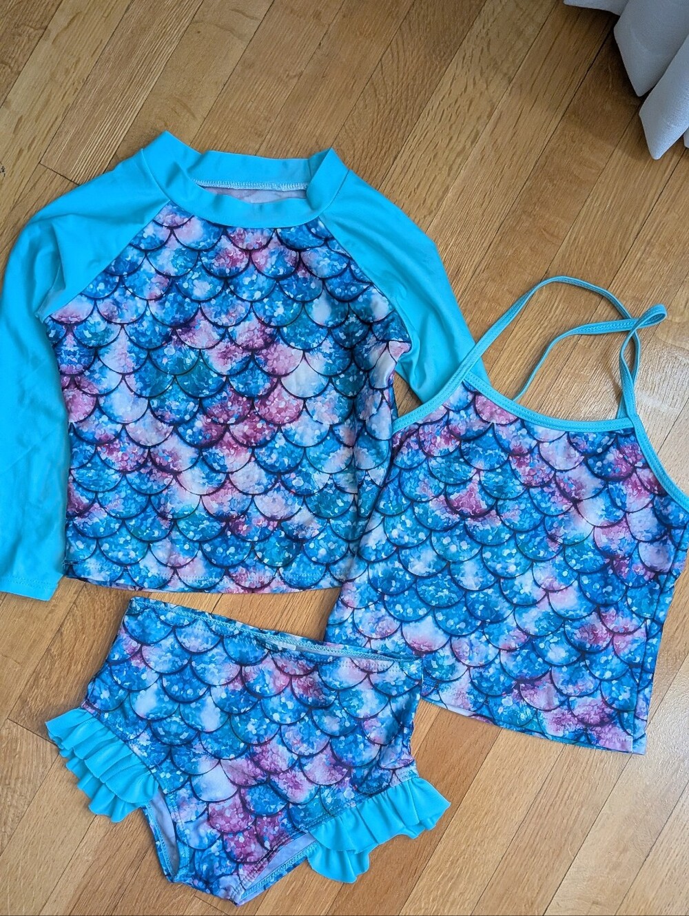 Kids Swim Set Long-Sleeve Top, Tank & Bottoms. Blue Mermaid Scale Print. Size 6